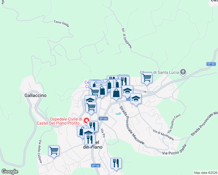 map of restaurants, bars, coffee shops, grocery stores, and more near 12 Via della Penna in Castel del Piano