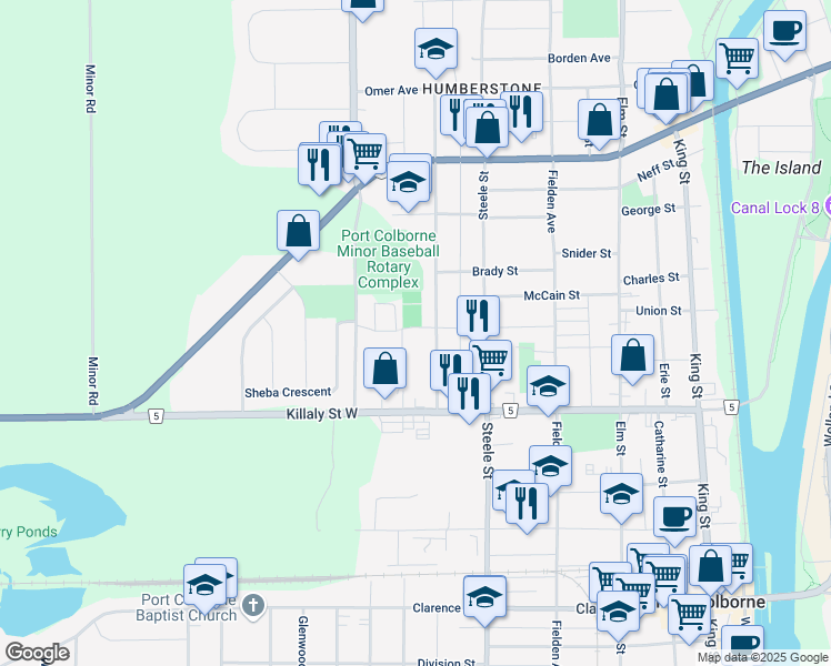 map of restaurants, bars, coffee shops, grocery stores, and more near 138 Helen Street in Port Colborne