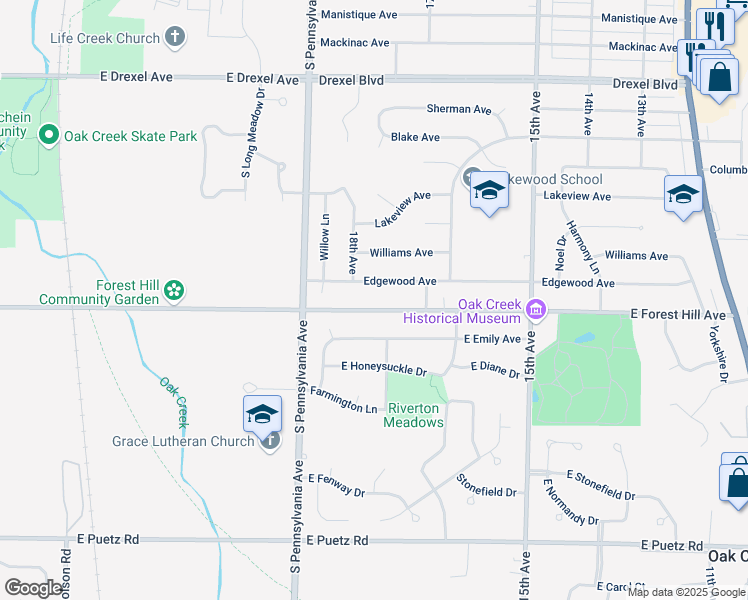 map of restaurants, bars, coffee shops, grocery stores, and more near 1730 East Forest Hill Avenue in South Milwaukee