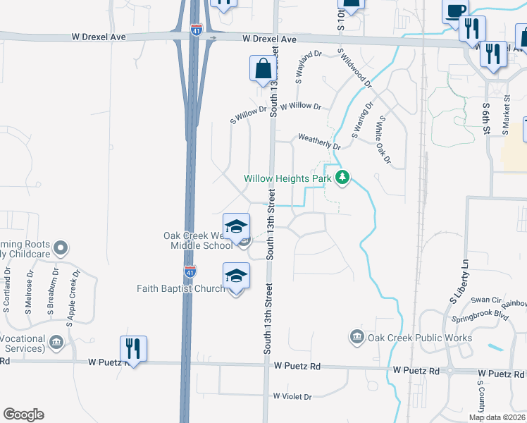 map of restaurants, bars, coffee shops, grocery stores, and more near 8321 South 13th Street in Oak Creek