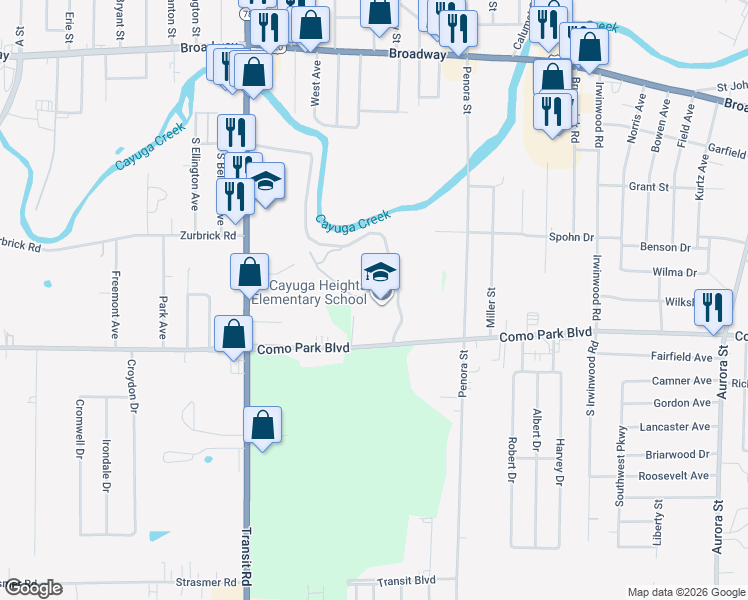 map of restaurants, bars, coffee shops, grocery stores, and more near 1780 Como Park Boulevard in Depew
