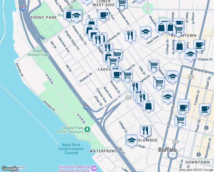 map of restaurants, bars, coffee shops, grocery stores, and more near 107 Maryland Street in Buffalo