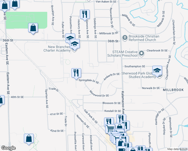 map of restaurants, bars, coffee shops, grocery stores, and more near 1354 Kimberly Drive Southeast in Grand Rapids