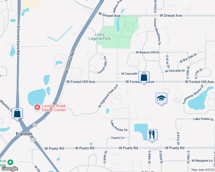 map of restaurants, bars, coffee shops, grocery stores, and more near 8900 West Forest Hill Avenue in Franklin