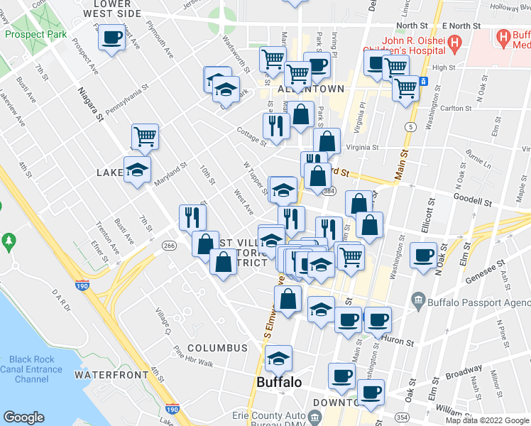 map of restaurants, bars, coffee shops, grocery stores, and more near 313 Carolina Street in Buffalo