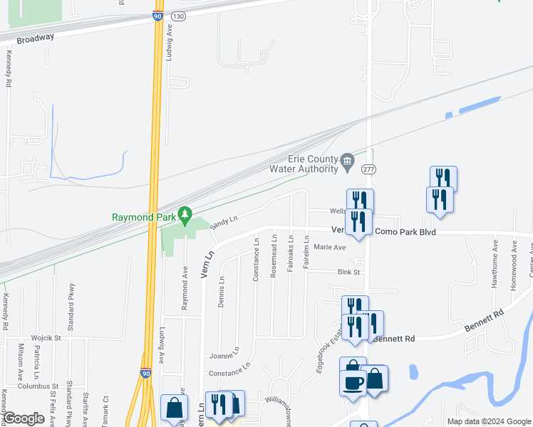 map of restaurants, bars, coffee shops, grocery stores, and more near 44 Sandy Lane in Buffalo