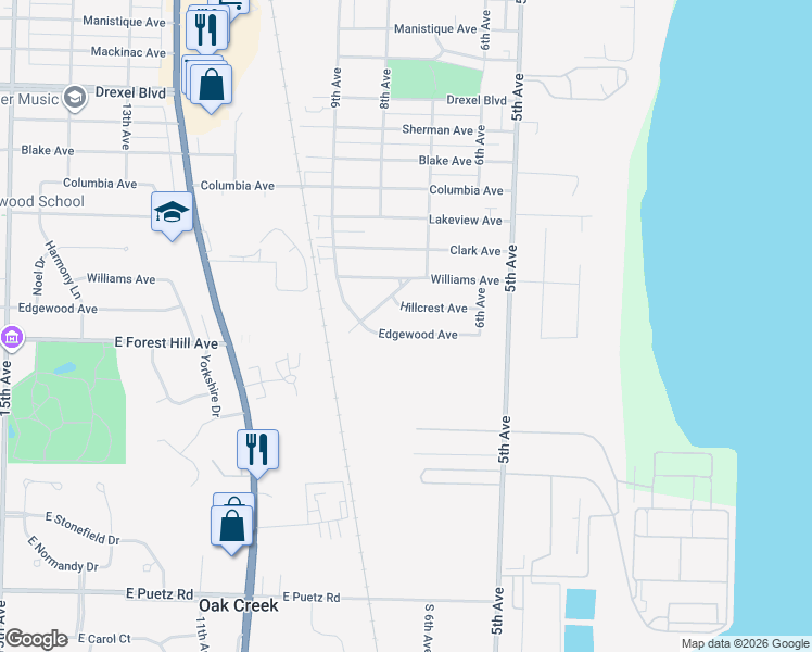 map of restaurants, bars, coffee shops, grocery stores, and more near 708 Edgewood Avenue in South Milwaukee