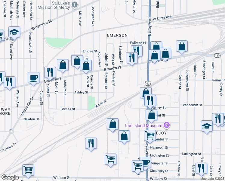 map of restaurants, bars, coffee shops, grocery stores, and more near 268 Ashley Street in Buffalo