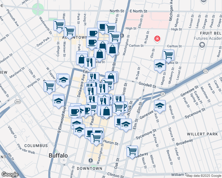 map of restaurants, bars, coffee shops, grocery stores, and more near 737 Main Street in Buffalo