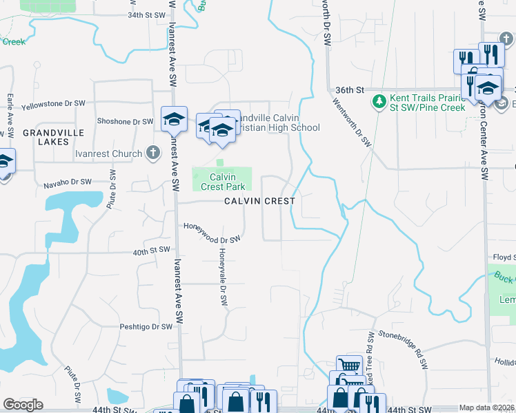 map of restaurants, bars, coffee shops, grocery stores, and more near 2990 Pinedale Drive Southwest in Grandville
