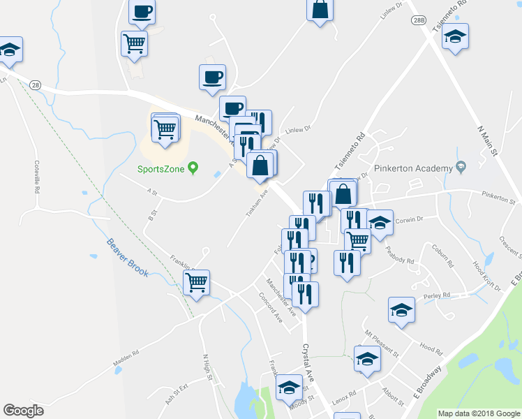 map of restaurants, bars, coffee shops, grocery stores, and more near 4 Tinkham Avenue in Derry