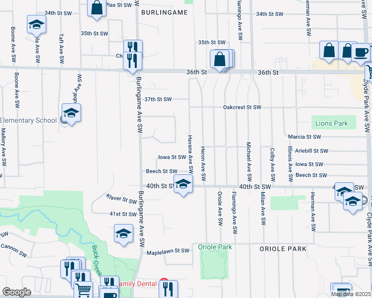 map of restaurants, bars, coffee shops, grocery stores, and more near 3830 Parkland Avenue Southwest in Wyoming