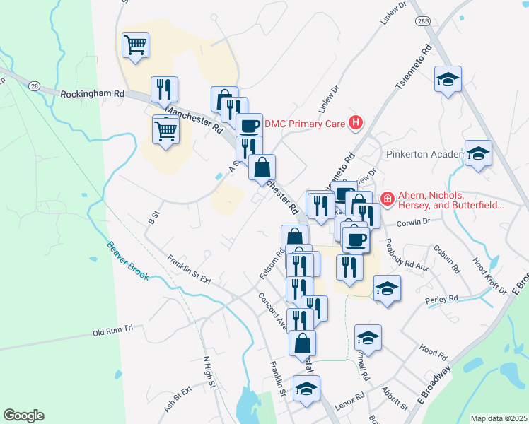 map of restaurants, bars, coffee shops, grocery stores, and more near 4 Tinkham Avenue in Derry