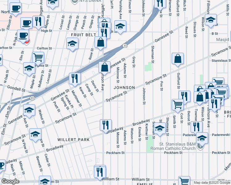map of restaurants, bars, coffee shops, grocery stores, and more near 504 Monroe St in Buffalo