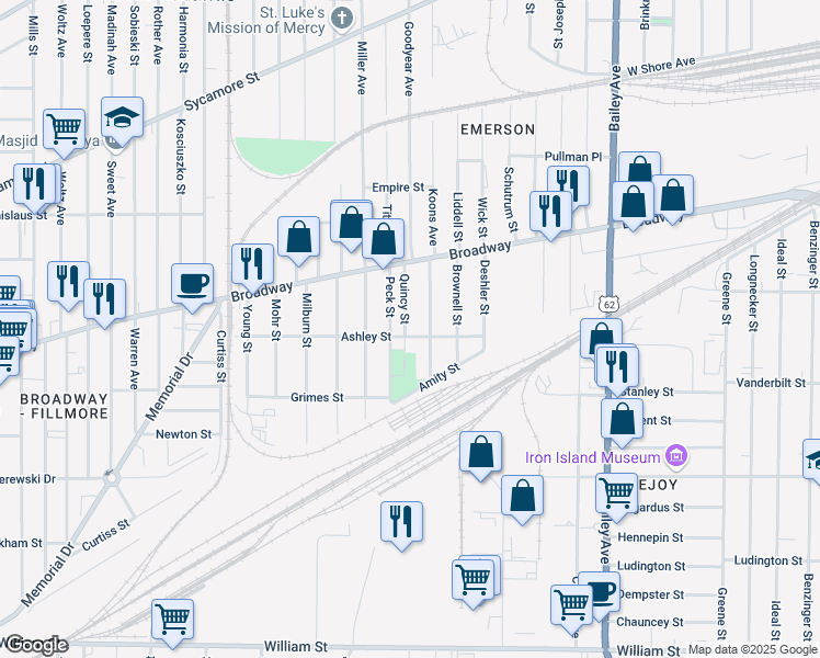 map of restaurants, bars, coffee shops, grocery stores, and more near 69 Quincy Street in Buffalo
