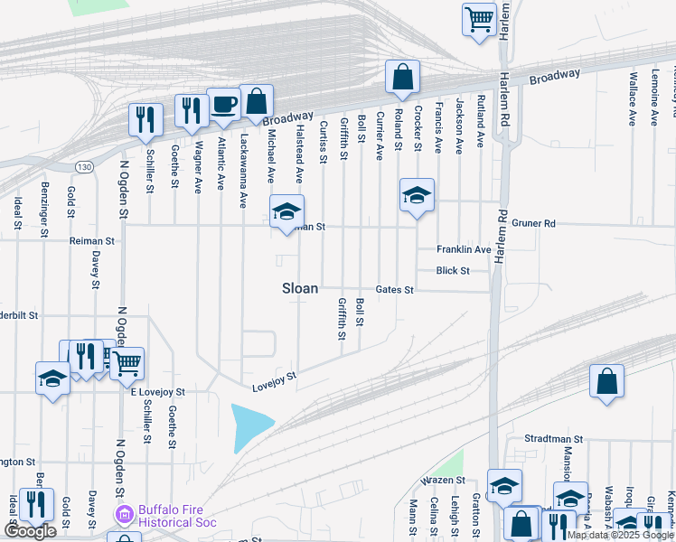 map of restaurants, bars, coffee shops, grocery stores, and more near 112 Griffith St in Buffalo