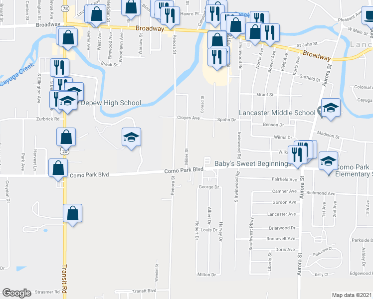 map of restaurants, bars, coffee shops, grocery stores, and more near 264 Miller Street in Depew