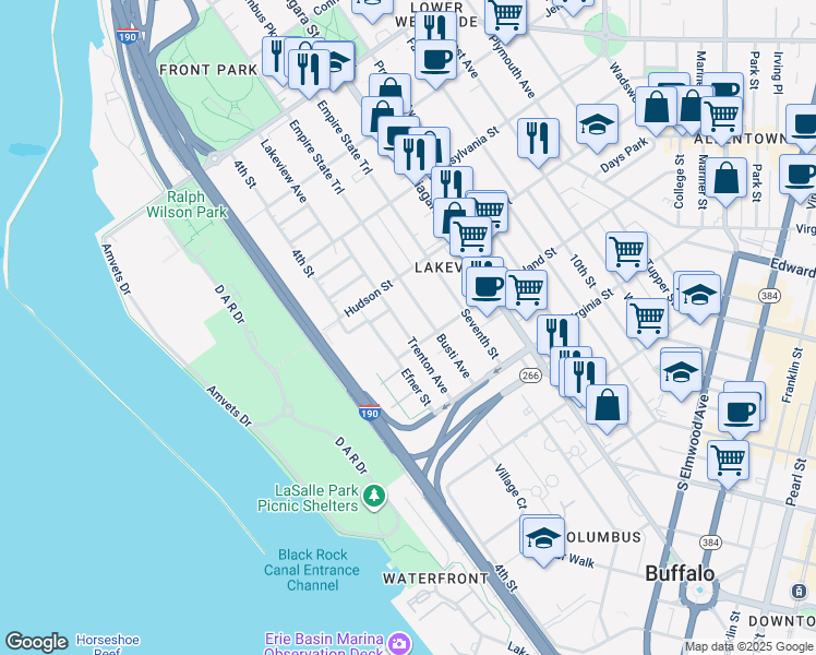 map of restaurants, bars, coffee shops, grocery stores, and more near 303 Trenton Avenue in Buffalo