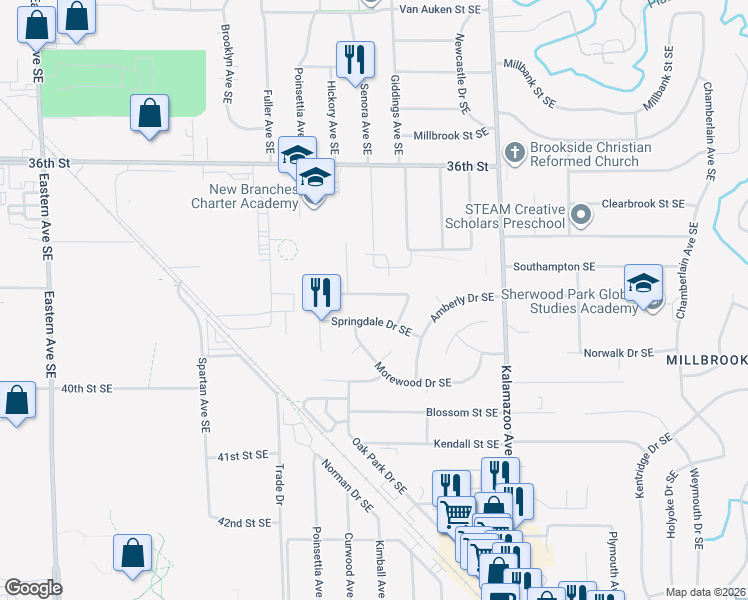 map of restaurants, bars, coffee shops, grocery stores, and more near 1354 Kimberly Drive Southeast in Grand Rapids