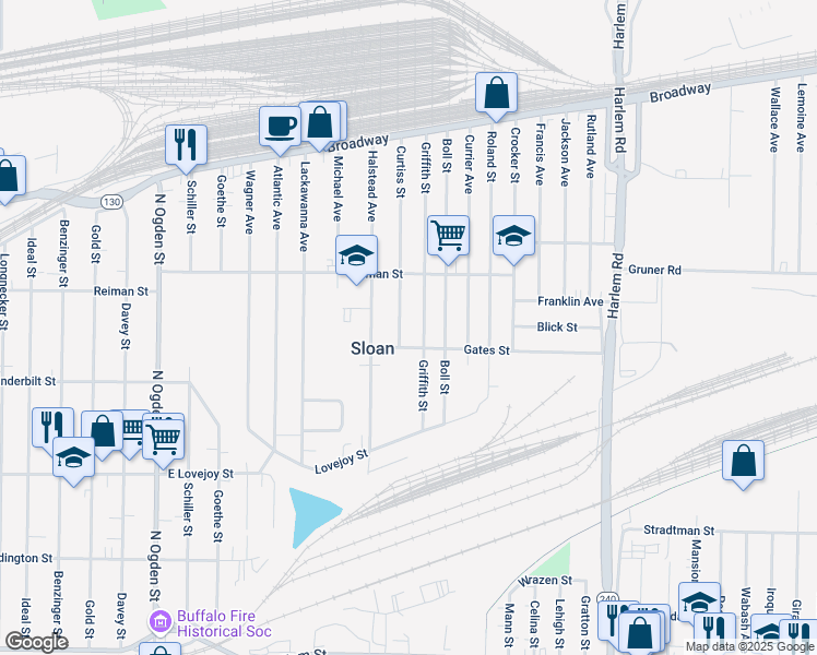 map of restaurants, bars, coffee shops, grocery stores, and more near 112 Griffith Street in Buffalo