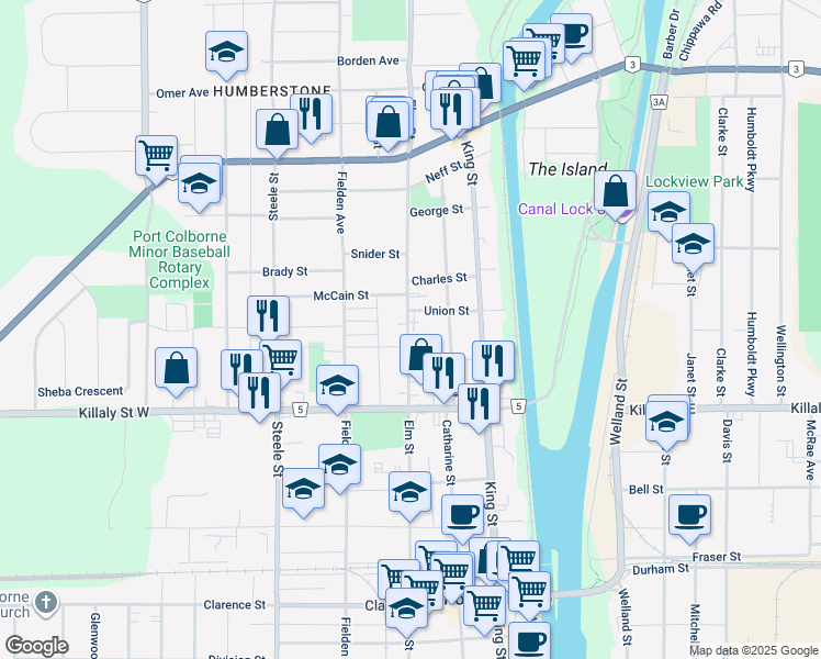 map of restaurants, bars, coffee shops, grocery stores, and more near 577 Elm St in Port Colborne
