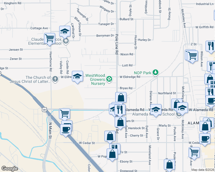 map of restaurants, bars, coffee shops, grocery stores, and more near 830 Bryan Road in Pocatello