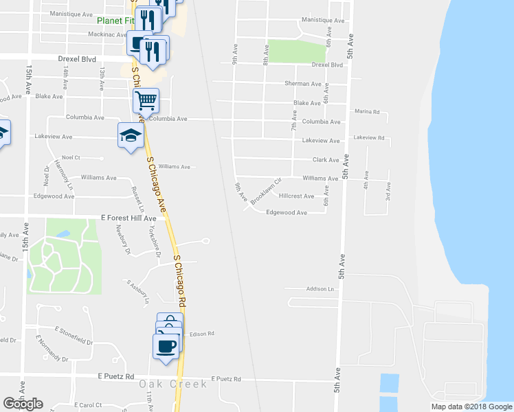 map of restaurants, bars, coffee shops, grocery stores, and more near 732 Edgewood Avenue in South Milwaukee