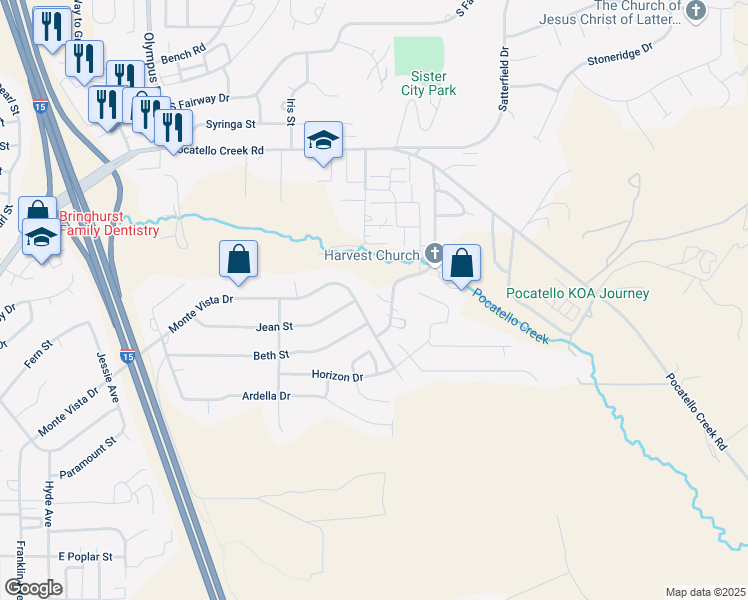 map of restaurants, bars, coffee shops, grocery stores, and more near 1045 Booth Drive in Pocatello