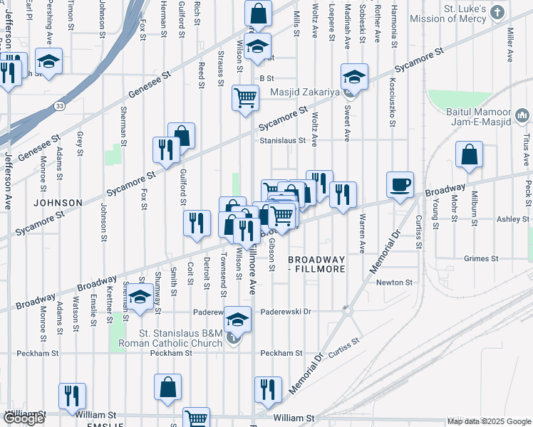 map of restaurants, bars, coffee shops, grocery stores, and more near 306 Gibson Street in Buffalo
