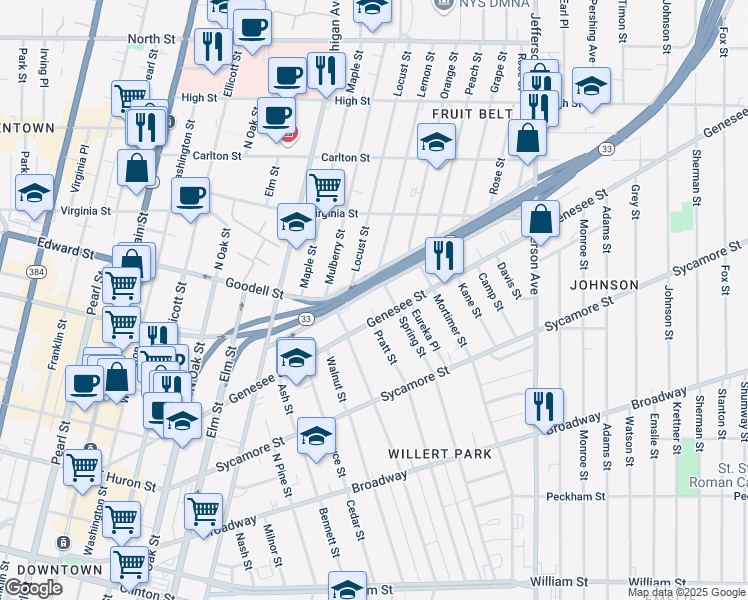 map of restaurants, bars, coffee shops, grocery stores, and more near 125 Cherry Street in Buffalo