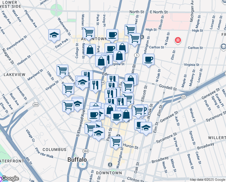 map of restaurants, bars, coffee shops, grocery stores, and more near 65 West Tupper Street in Buffalo