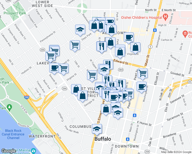 map of restaurants, bars, coffee shops, grocery stores, and more near 294 Carolina Street in Buffalo