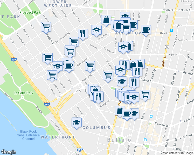 map of restaurants, bars, coffee shops, grocery stores, and more near 119 Whitney Place in Buffalo