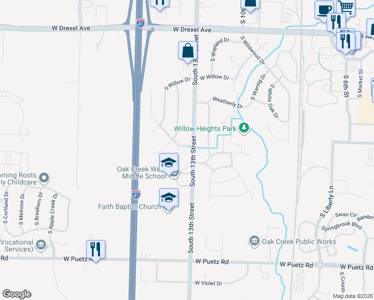 map of restaurants, bars, coffee shops, grocery stores, and more near 8321 South 13th Street in Oak Creek