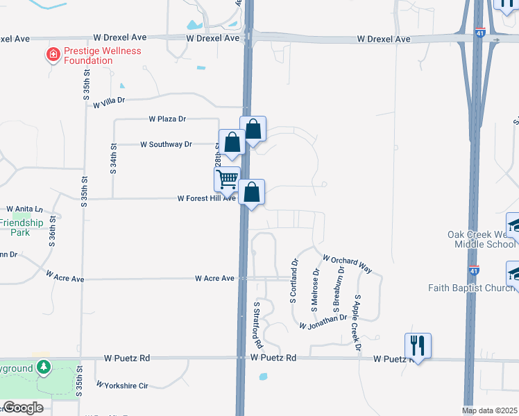 map of restaurants, bars, coffee shops, grocery stores, and more near 8304 South 27th Street in Oak Creek