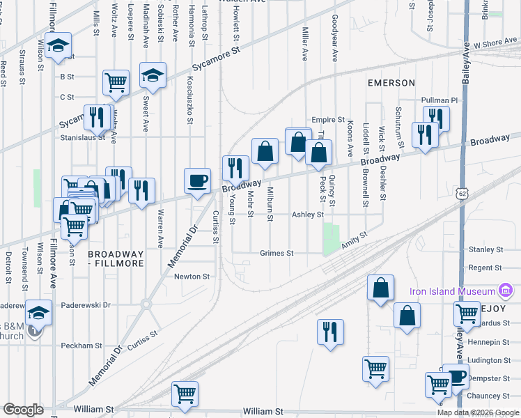 map of restaurants, bars, coffee shops, grocery stores, and more near 72 Ashley Street in Buffalo