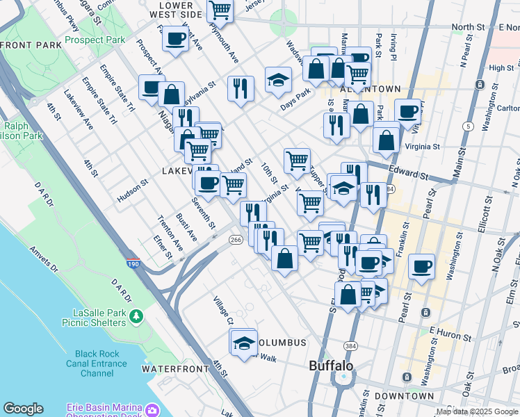 map of restaurants, bars, coffee shops, grocery stores, and more near 181 Prospect Avenue in Buffalo