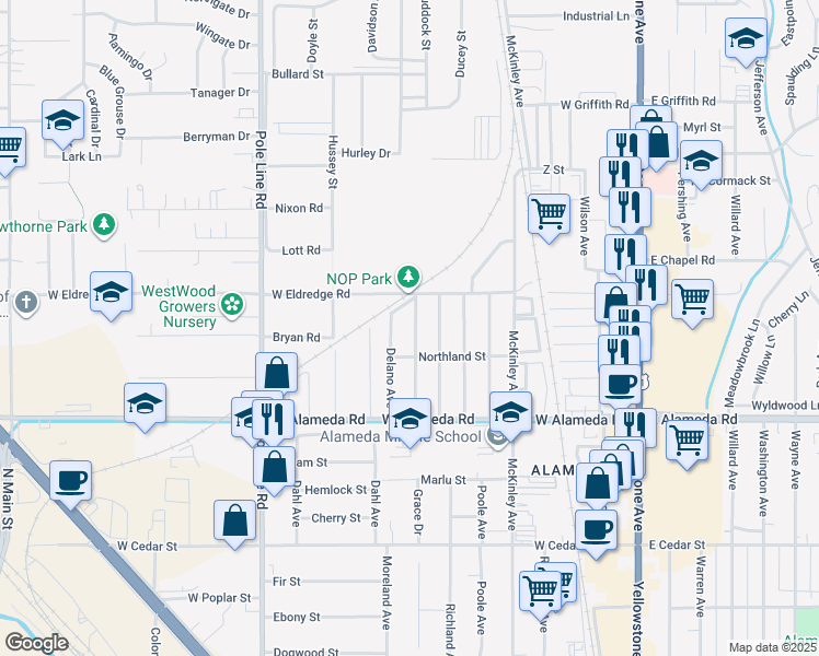 map of restaurants, bars, coffee shops, grocery stores, and more near 1041 Everett Avenue in Pocatello