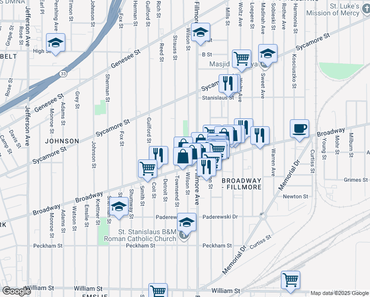 map of restaurants, bars, coffee shops, grocery stores, and more near 324 Wilson Street in Buffalo