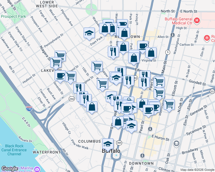 map of restaurants, bars, coffee shops, grocery stores, and more near 286 Carolina Street in Buffalo