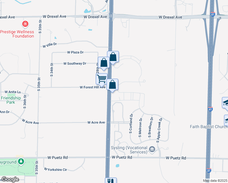 map of restaurants, bars, coffee shops, grocery stores, and more near 2697 West Orchard Hills Drive in Oak Creek