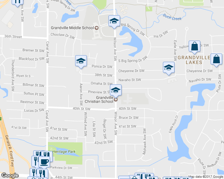 map of restaurants, bars, coffee shops, grocery stores, and more near 4015 Pineview Street Southwest in Grandville