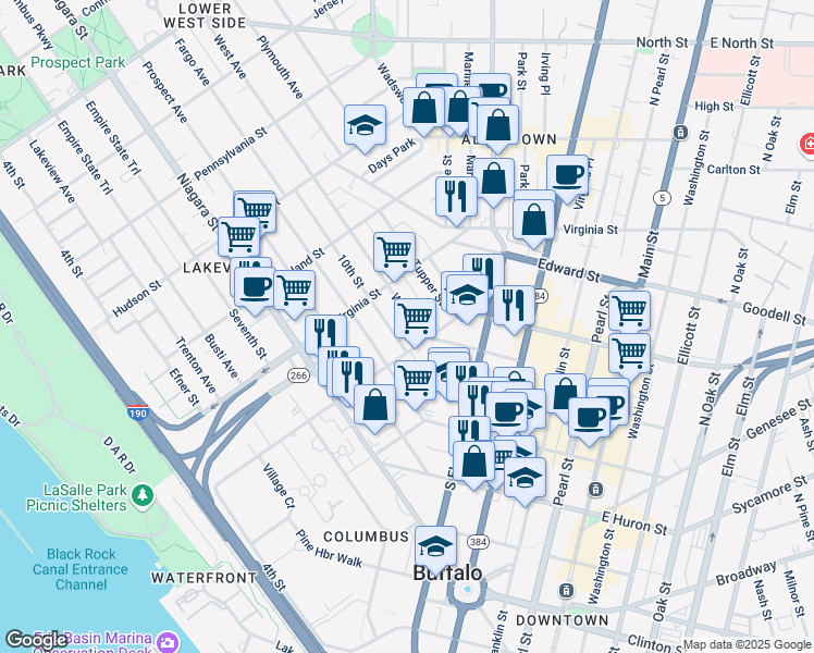 map of restaurants, bars, coffee shops, grocery stores, and more near 20 West Avenue in Buffalo