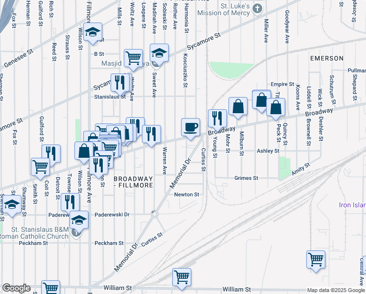 map of restaurants, bars, coffee shops, grocery stores, and more near 46 Brighton Avenue in Buffalo