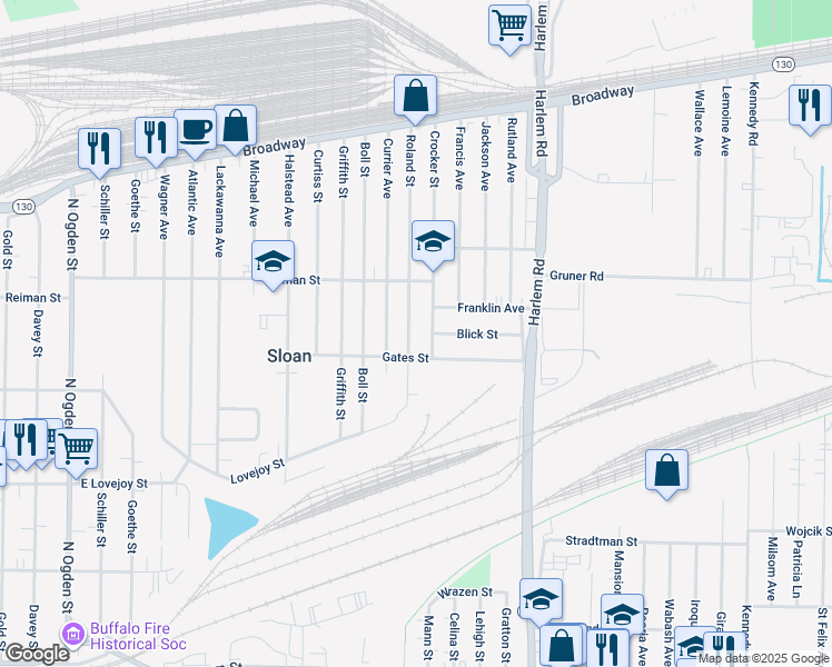 map of restaurants, bars, coffee shops, grocery stores, and more near 67 Roland Street in Buffalo