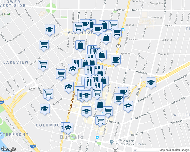 map of restaurants, bars, coffee shops, grocery stores, and more near 65 W Tupper St in Buffalo