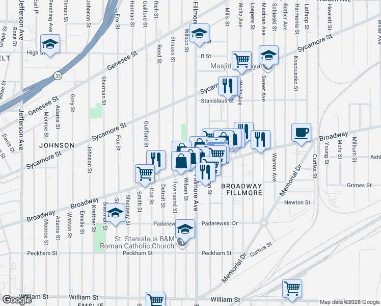 map of restaurants, bars, coffee shops, grocery stores, and more near 762 Fillmore Avenue in Buffalo