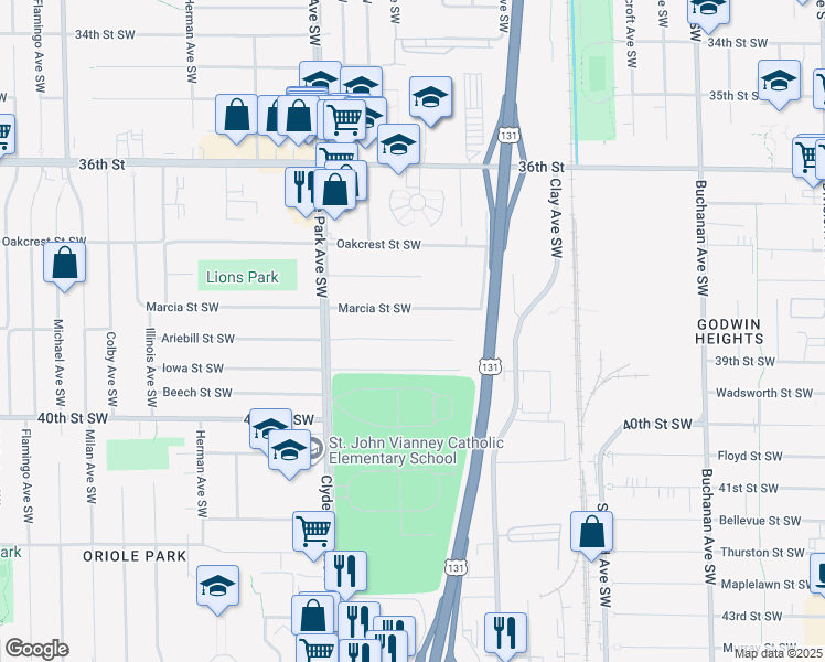 map of restaurants, bars, coffee shops, grocery stores, and more near 661 Ariebill Street Southwest in Wyoming