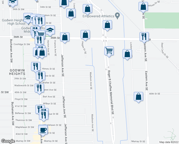 map of restaurants, bars, coffee shops, grocery stores, and more near 3813 Madison Avenue Southeast in Grand Rapids