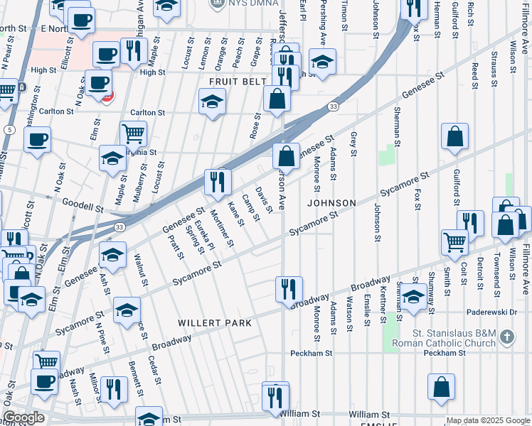 map of restaurants, bars, coffee shops, grocery stores, and more near 26 Davis Street in Buffalo